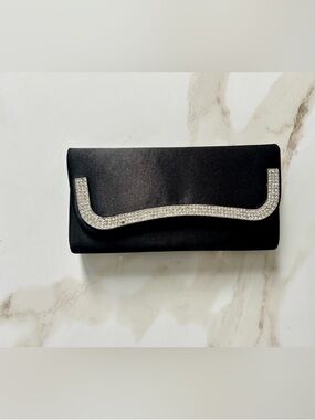 Black Satin Evening Clutch with Crystal Accent